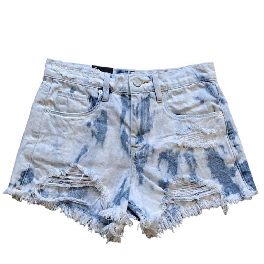 BlankNYC The Barrow Acid Wash Destroyed Vintage High Rise Short Blue/White Sz 26